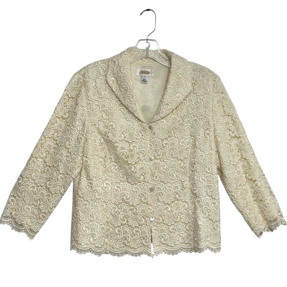 Vintage Talbots Blazer Women Ivory Floral Lace Scallop Button Front Coquette 10
